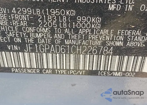 2012 Subaru Impreza 2.0I Premium z USA, uszkodzony, nr VIN JF1GPAD61CH226784